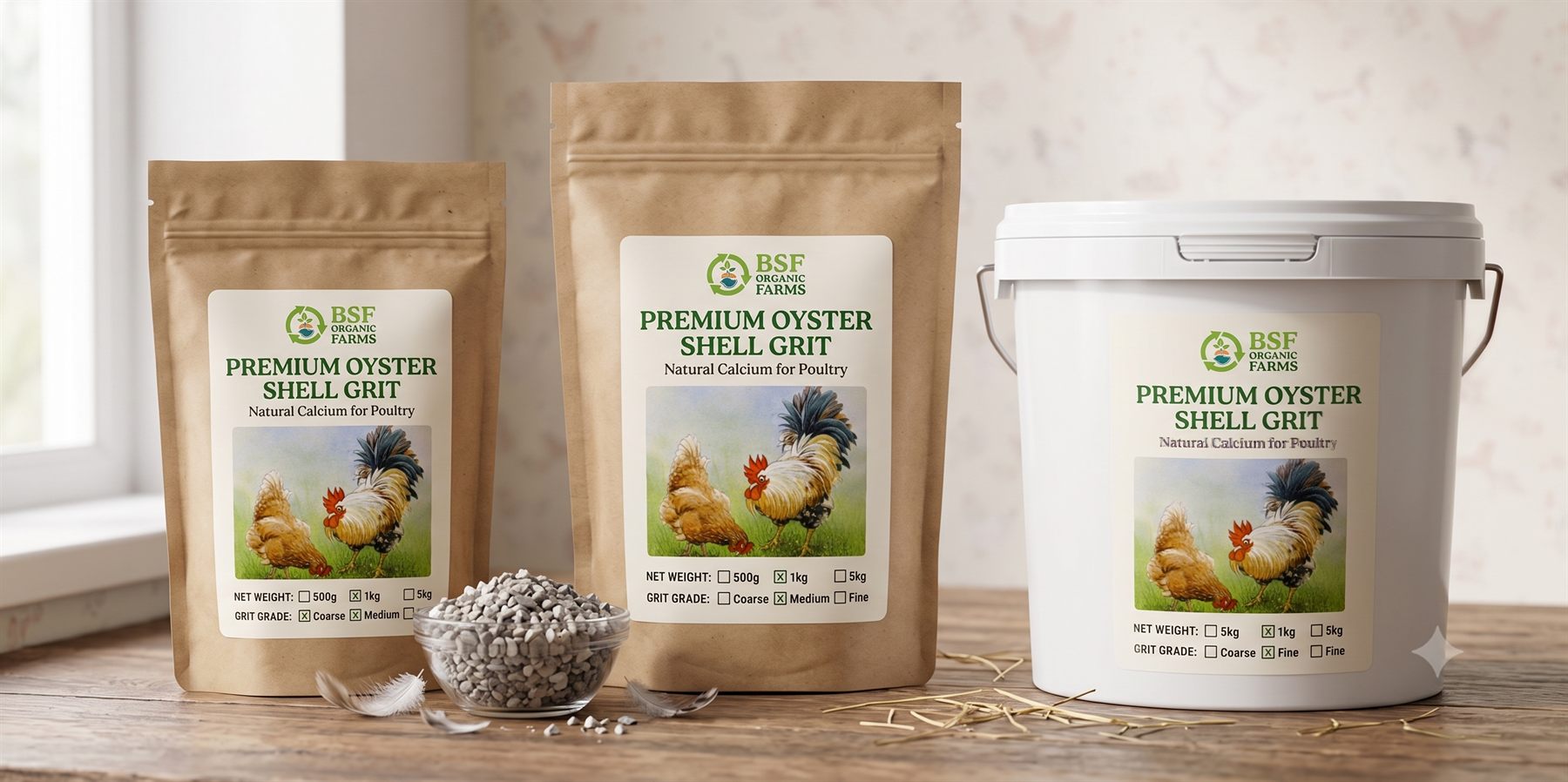 BSF Organic Farms Premium Oyster Shell Grit — 500 g and 1 kg resealable pouches and a 5 kg bucket